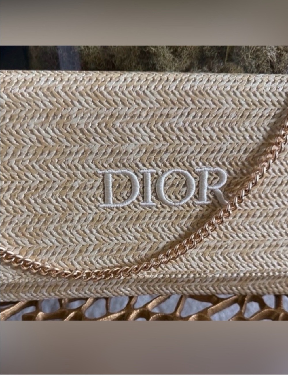 Dior Straw Tote in Beige with Gold Chain Detail